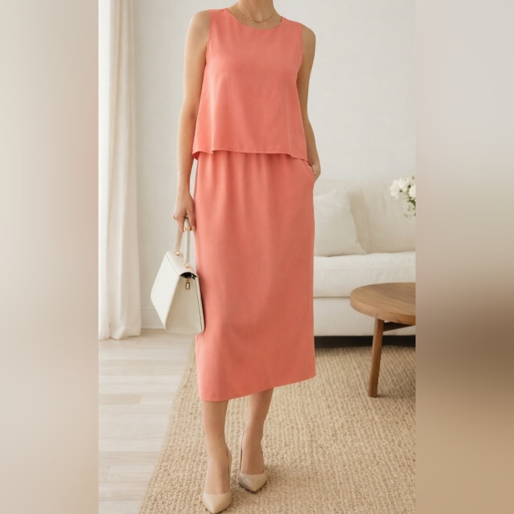Coral 2-Piece Set Size 14 Sleeveless Top Midi Skirt Matching Outfit Minimalist